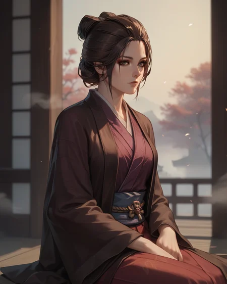 score_9, score_8_up, score_7_up, source_anime, 1girl, sitting, blurred background, (fog:1.2), indoors, solo, EmmaSekiro, brown eyes, <lora:EmmaSekiro:0.5>,