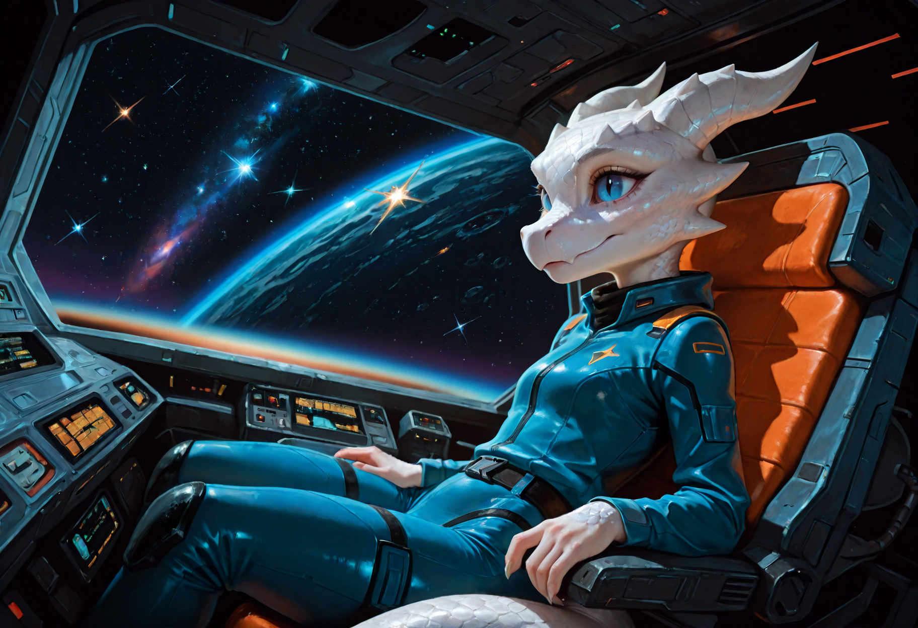 masterpiece, best quality, absurdres, depth of field, realistic, photography \(artwork\), solo, girl, kobold, (white scales:1.2), intricate colorful scales, horns, blue eyes, (cute:0.6), slit pupils, sitting  in the cockpit of a spaceship, leaning_back, scifi pilot blue suit, dutch angle, from_side, asteroids, stars, space, <lora:ck-70s-scifi-IL:0.9>