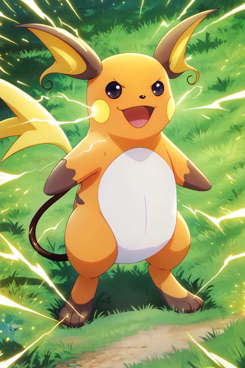 score_9, score_8_up, score_8,  ,,, , ,,, zzRaichu, raichu (pokemon), looking at viewer, smile, open mouth, standing, full body, :d, outdoors, black eyes, grass, electricity,  ,<lora:RaichuPokedexPDXL:1.0>,  ,,,, BREAK, smile, looking at viewer, cowboy shot, ,,, embedding:zPDXL, Expressiveh, ,,, <lora:PrismaIllya_PDXL_v3:1.0>, <lora:SDXLFaeTastic2400:0.5>, <lora:Expressive_H-000001:0.4>,
