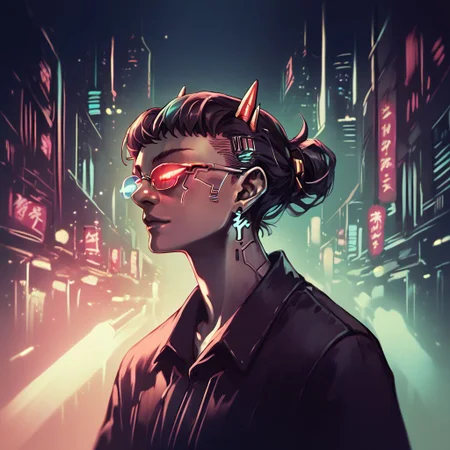 score_9,score_8_up,score_7_up,score_6_up, Sollux Captor, grey skin, four horns, sunglasses, floating close to ground, red and blue eyes, glowing hands, glowing eyes, red and blue glow, source anime, night, noir, cyberpunk