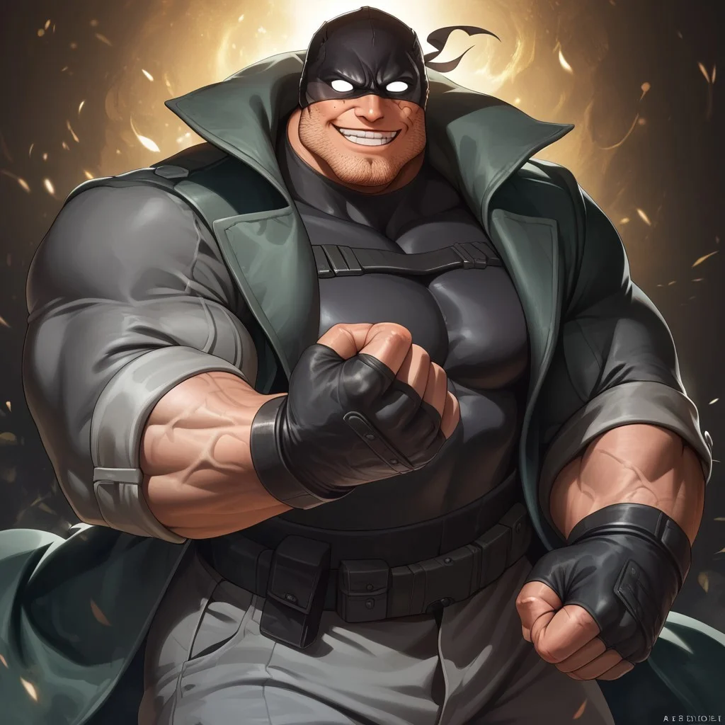 safe_pos, safe_pos, source_anime, detailed background, (score_9, score_8_up, score_7_up), zoroj, masterpiece, best quality, high quality, ultra detailed, highly detailed, high detail, artistic lighting, (highly detailed face, (perfect face, perfect eyes)), depth of field, perfect soft lighting, best shadows, perfect reflections, volumetric, detailed image, high resolution, defined faces, sharp definition,
solo, 1boy, male focus, Knuckleduster, mature male, stubble, scar on face, black mask, black shirt, green trench coat, gray pants, black boots, black fingerless gloves, musclebears, muscular male, bara, veiny muscles, large male,
dynamic poses, various poses, cowboy shot, standing, looking at viewer, smile, grin,
