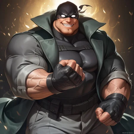 safe_pos, safe_pos, source_anime, detailed background, (score_9, score_8_up, score_7_up), zoroj, masterpiece, best quality, high quality, ultra detailed, highly detailed, high detail, artistic lighting, (highly detailed face, (perfect face, perfect eyes)), depth of field, perfect soft lighting, best shadows, perfect reflections, volumetric, detailed image, high resolution, defined faces, sharp definition,
solo, 1boy, male focus, Knuckleduster, mature male, stubble, scar on face, black mask, black shirt, green trench coat, gray pants, black boots, black fingerless gloves, musclebears, muscular male, bara, veiny muscles, large male,
dynamic poses, various poses, cowboy shot, standing, looking at viewer, smile, grin,