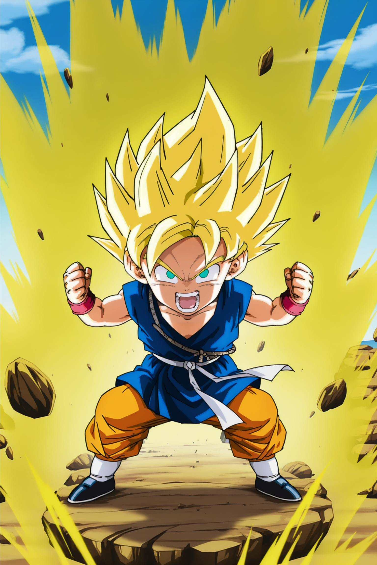 anime screencap, masterpiece, best quality, amazing quality, very aesthetic, absurdres,  newest, official style,
son goku, official style, path to power, super saiyan, gt outfit, dougi over pants, solo, looking at viewer, open mouth, outdoors, sky, blonde hair, 1boy, powering up, full body, male child, teeth, aqua eyes, muscular, spiked hair, rock, floating rock, clenched hands, golden aura, v-shaped eyes, v-shaped eyebrows, dougi, blue topwear, red wristband, white sash, orange pants, socks, white legwear, black footwear, shoes
 <lora:SonGoku_IL:0.8>