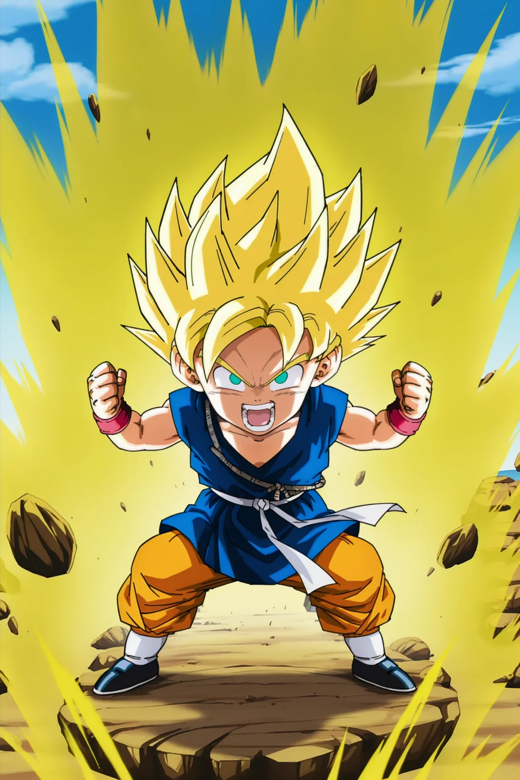 anime screencap, masterpiece, best quality, amazing quality, very aesthetic, absurdres, newest, official style,
son goku, official style, path to power, super saiyan, gt outfit, dougi over pants, solo, looking at viewer, open mouth, outdoors, sky, blonde hair, 1boy, powering up, full body, male child, teeth, aqua eyes, muscular, spiked hair, rock, floating rock, clenched hands, golden aura, v-shaped eyes, v-shaped eyebrows, dougi, blue topwear, red wristband, white sash, orange pants, socks, white legwear, black footwear, shoes
<lora:SonGoku_IL:0.8>