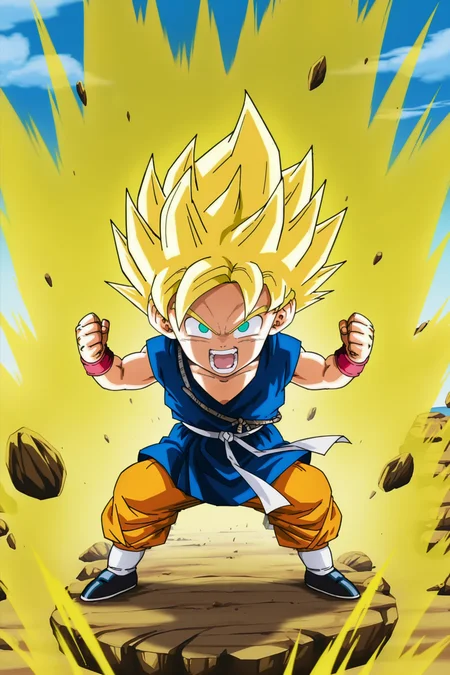 anime screencap, masterpiece, best quality, amazing quality, very aesthetic, absurdres,  newest, official style,
son goku, official style, path to power, super saiyan, gt outfit, dougi over pants, solo, looking at viewer, open mouth, outdoors, sky, blonde hair, 1boy, powering up, full body, male child, teeth, aqua eyes, muscular, spiked hair, rock, floating rock, clenched hands, golden aura, v-shaped eyes, v-shaped eyebrows, dougi, blue topwear, red wristband, white sash, orange pants, socks, white legwear, black footwear, shoes
 <lora:SonGoku_IL:0.8>