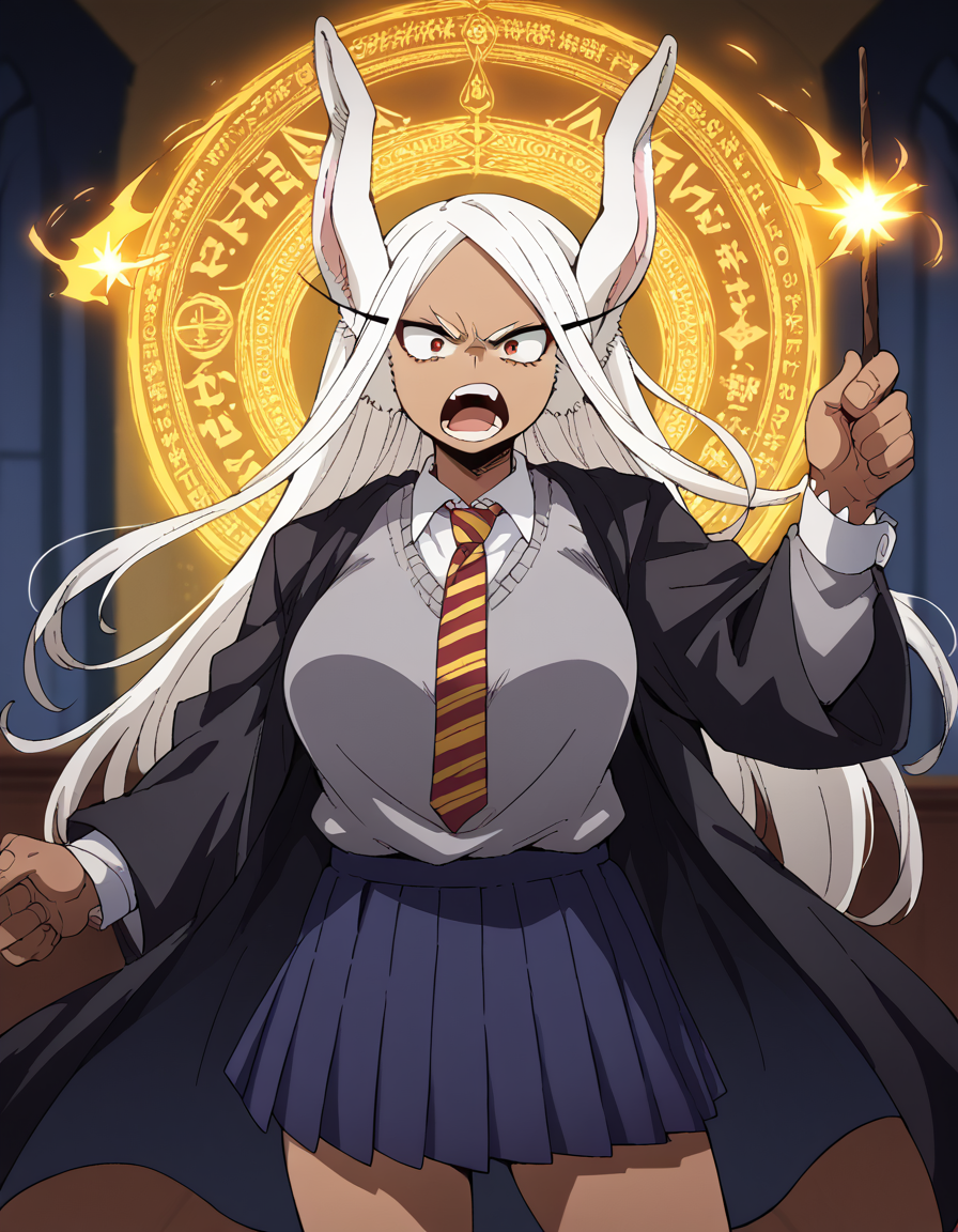 score_9, score_8_up, score_7_up, source_anime, <lora:rumi-usagiyama-ponyxl-lora-nochekaiser:1>, rumi usagiyama, long hair, animal ears, white hair, dark skin, rabbit ears, dark-skinned female, rabbit girl, red eyes, parted bangs, large breasts, <lora:hogwarts-school-uniform-ponyxl-lora-nochekaiser:1> hogwarts school uniform, black robe, holding wand, wand, necktie, striped necktie, collared shirt, sweater, pleated skirt, grey sweater,, open mouth, casting spell, energy, magic circle, glowing, indoors, castle, shouting, angry,, cowboy shot,