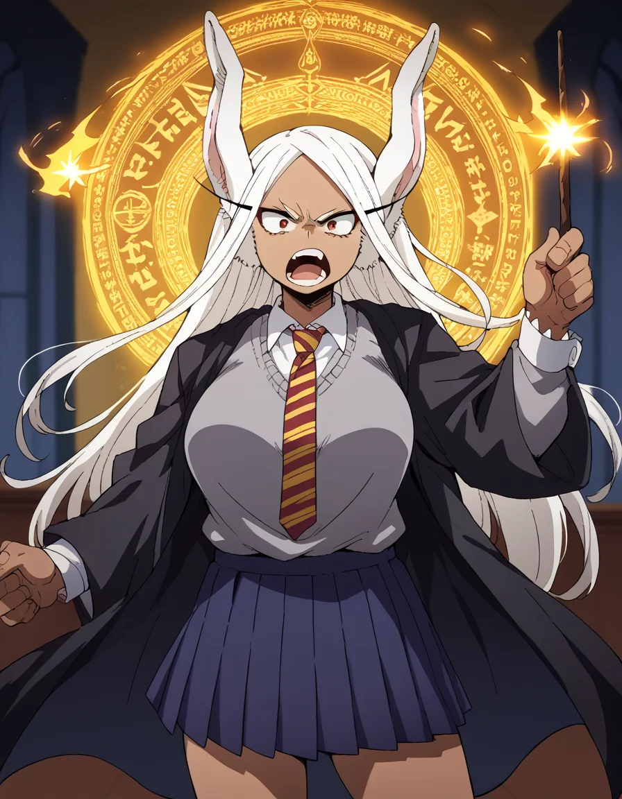 score_9, score_8_up, score_7_up, source_anime, <lora:rumi-usagiyama-ponyxl-lora-nochekaiser:1>, rumi usagiyama, long hair, animal ears, white hair, dark skin, rabbit ears, dark-skinned female, rabbit girl, red eyes, parted bangs, large breasts, <lora:hogwarts-school-uniform-ponyxl-lora-nochekaiser:1> hogwarts school uniform, black robe, holding wand, wand, necktie, striped necktie, collared shirt, sweater, pleated skirt, grey sweater,, open mouth, casting spell, energy, magic circle, glowing, indoors, castle, shouting, angry,, cowboy shot,