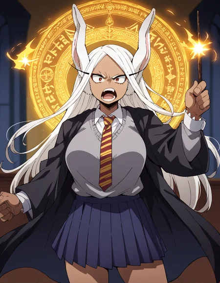 score_9, score_8_up, score_7_up, source_anime, <lora:rumi-usagiyama-ponyxl-lora-nochekaiser:1>, rumi usagiyama, long hair, animal ears, white hair, dark skin, rabbit ears, dark-skinned female, rabbit girl, red eyes, parted bangs, large breasts, <lora:hogwarts-school-uniform-ponyxl-lora-nochekaiser:1> hogwarts school uniform, black robe, holding wand, wand, necktie, striped necktie, collared shirt, sweater, pleated skirt, grey sweater,, open mouth, casting spell, energy, magic circle, glowing, indoors, castle, shouting, angry,, cowboy shot,