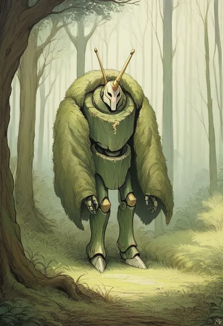 Highres, Masterpiece, High Quality, (masterpiece, best quality, highly detailed),
score_9, score_8_up, score_7_up,
drawing, in the style of Beatrix Potter,
giant robot standing in the forest, dramatic light, daytime,