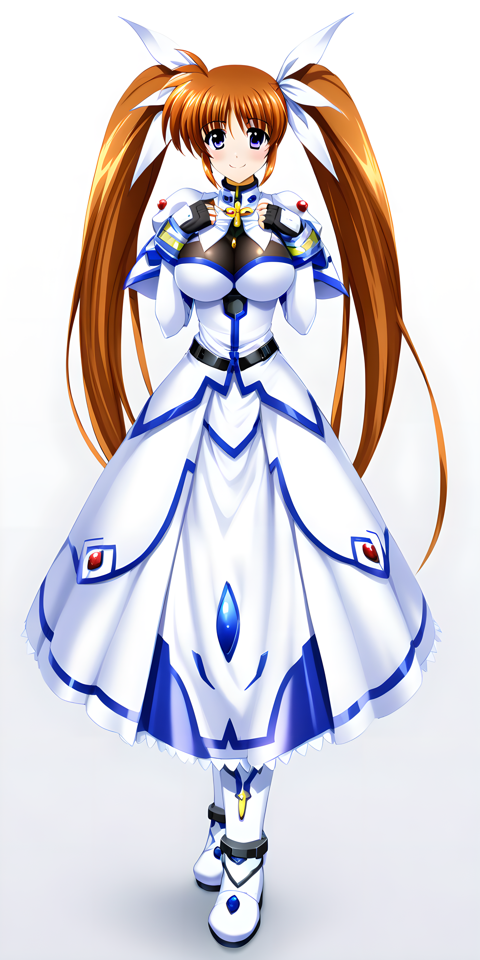 takamachi_nanoha, 1girl, solo, brown hair, twintails, gloves, smile, long hair, purple eyes, fingerless gloves, magical girl, white background, white ribbon, large breasts, standing, looking at viewer, white footwear , smile, <lora:Takamachi_Nanoha:1>