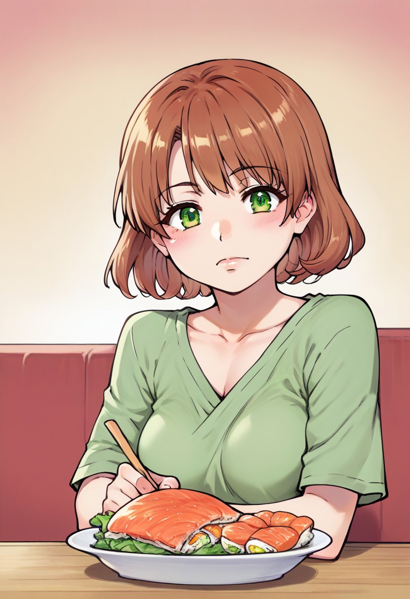 score_9, score_8_up, score_7_up, score_6_up, score_5_up, score_4_up,  shiwasu_no_okina_style, 1girl, sitting in a sushi restaurant, source_anime, rating_questionable, brown hair, green eyes