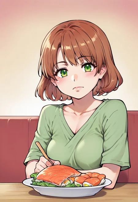 score_9, score_8_up, score_7_up, score_6_up, score_5_up, score_4_up, shiwasu_no_okina_style, 1girl, sitting in a sushi restaurant, source_anime, rating_questionable, brown hair, green eyes