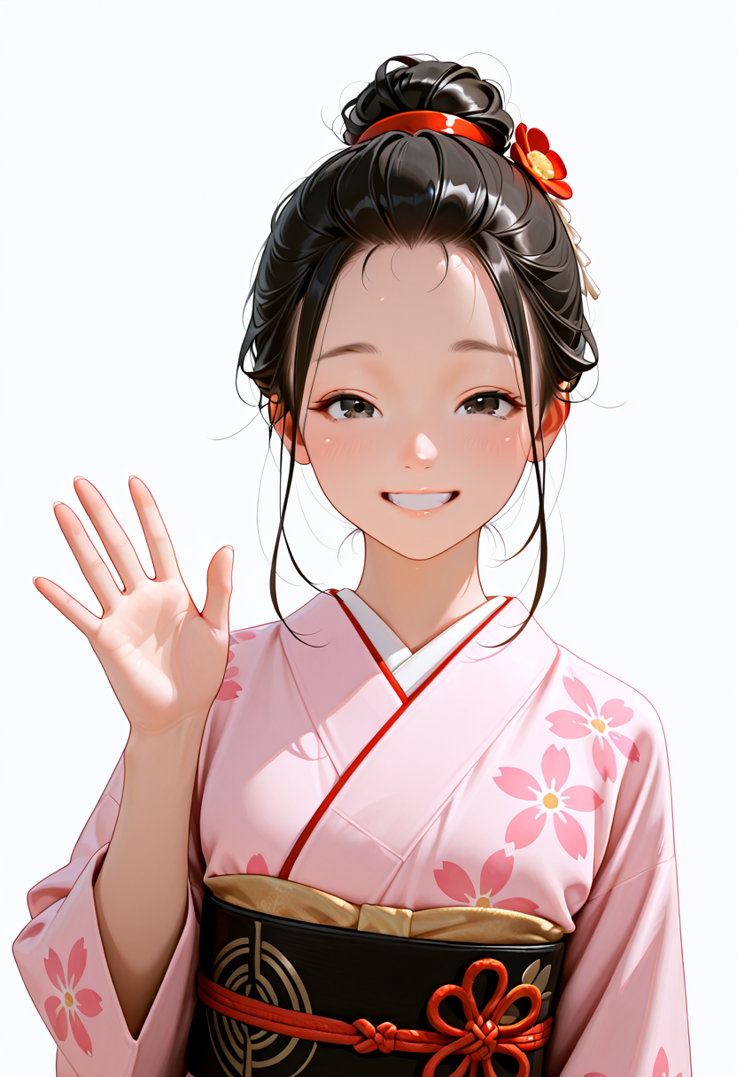 lazypos, masterpiece, best quality, amazing quality, very aesthetic, absurdres, newest, ((dynamic angle:1.4)), (detailed eyes:1.4),((ultra detailed hair:1.4))
BREAK
1girl, 1girl, ka0ru-1zud,black eyes, long hair, (sparkling eyes:0.8), ((nihongami)), ((hair bun:1.4)), ((hair pulled back)), ((No makeup))
((J_hairstyle)), pink kimono, Japanese clothing, kimono,obi, J_kanzashi, hair ornament, traveling performer costume
BREAK
((blank background)) ((upper body)),straight-on, waving hand slightly, Nostalgic, smiling
<lora:Kaoru_-_Izu_Dancer_-_AI_Challenge:0.6>