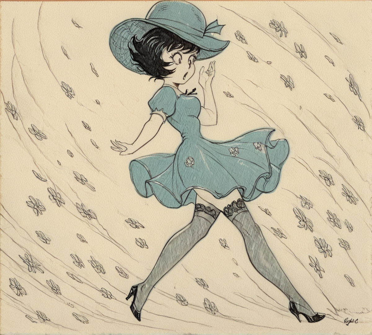 Jucika, traditional media, black eyes, black hair, short hair, monochrome, zPDXL, best quality, amazing quality, score 9, 1girl, outdoors, wind, dress, hat, surprised, wind lift, high heels, stockings, green outfit, <lora:Jucika1:0.8>