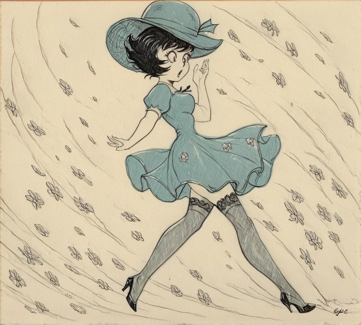 Jucika, traditional media, black eyes, black hair, short hair, monochrome, zPDXL, best quality, amazing quality, score 9, 1girl, outdoors, wind, dress, hat, surprised, wind lift, high heels, stockings, green outfit, <lora:Jucika1:0.8>