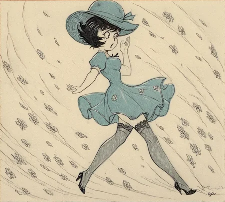 Jucika, traditional media, black eyes, black hair, short hair, monochrome, zPDXL, best quality, amazing quality, score 9, 1girl, outdoors, wind, dress, hat, surprised, wind lift, high heels, stockings, green outfit, <lora:Jucika1:0.8>