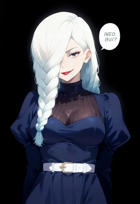 score_9,score_8_up,score_7_up,score_6_up, meimeijjk, g0th1c, source_anime, <lora:KrekkovLycoXLV2:0.8>, <lora:mei_mei_jjk_v1_pdxl_goofy:1>, 1girl, breasts, solo, speech bubble, english text, talking, I NEED BUZZ, dress, long hair, hair over one eye, stern face, kind smile, red lipstick, braided ponytail, navy blue dress, stylish dress, wide white belt, black background, looking at viewer, slender, simple background, single braid, big breasts, white hair, full-body shot,
