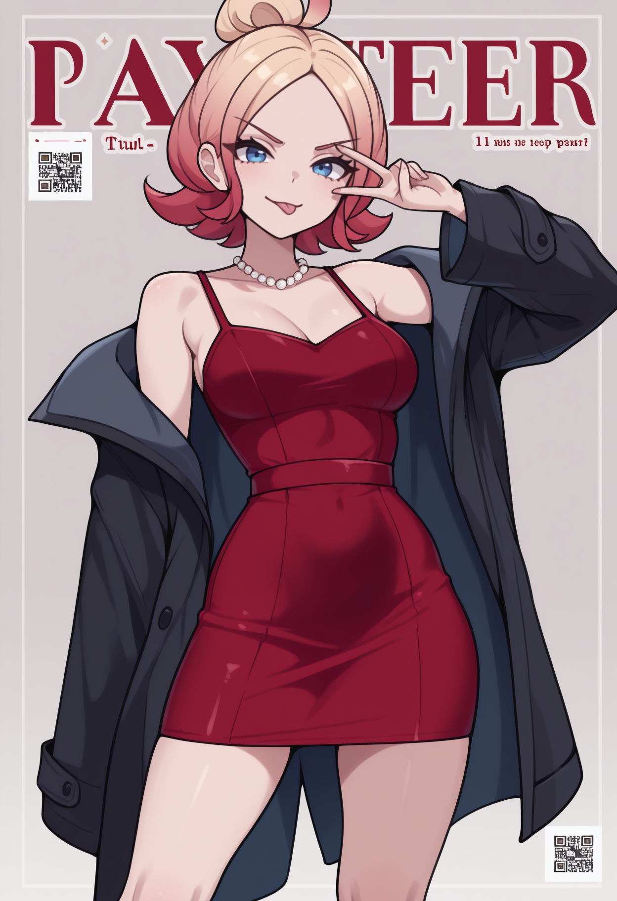 masterpiece, best quality, newest, magazine cover, english text, qr code, solo, 1girl, taun1e, smile, :p, looking at viewer, standing, legs apart, v over eye, gradient hair, blonde hair, red hair, parted bangs, blue eyes, v-shaped eyebrows, black coat, open coat, long sleeves, short dress, red dress, pencil dress, pearl necklace, bare shoulders, collarbone, medium breasts
<segment:yolo-Anzhc Face seg 640 v2 y8n.pt,0.4,0.5//cid=1>