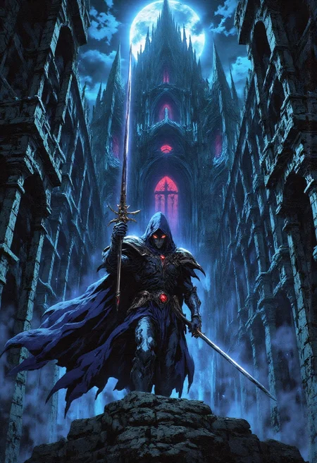 score_9, score_8_up, score_7_up, ultra detail, masterpiece, best quality, amazing quality, mythp0rt, cinematic dark fantasy boss battle, lone hooded knight wielding a greatsword, standing on ancient stone stairs, ruined cathedral in the background, misty atmosphere, moss-covered stones, dramatic lighting, overcast sky, gloomy medieval environment, ambient volumetric fog, high detail, 8k, dynamic composition, concept art style
