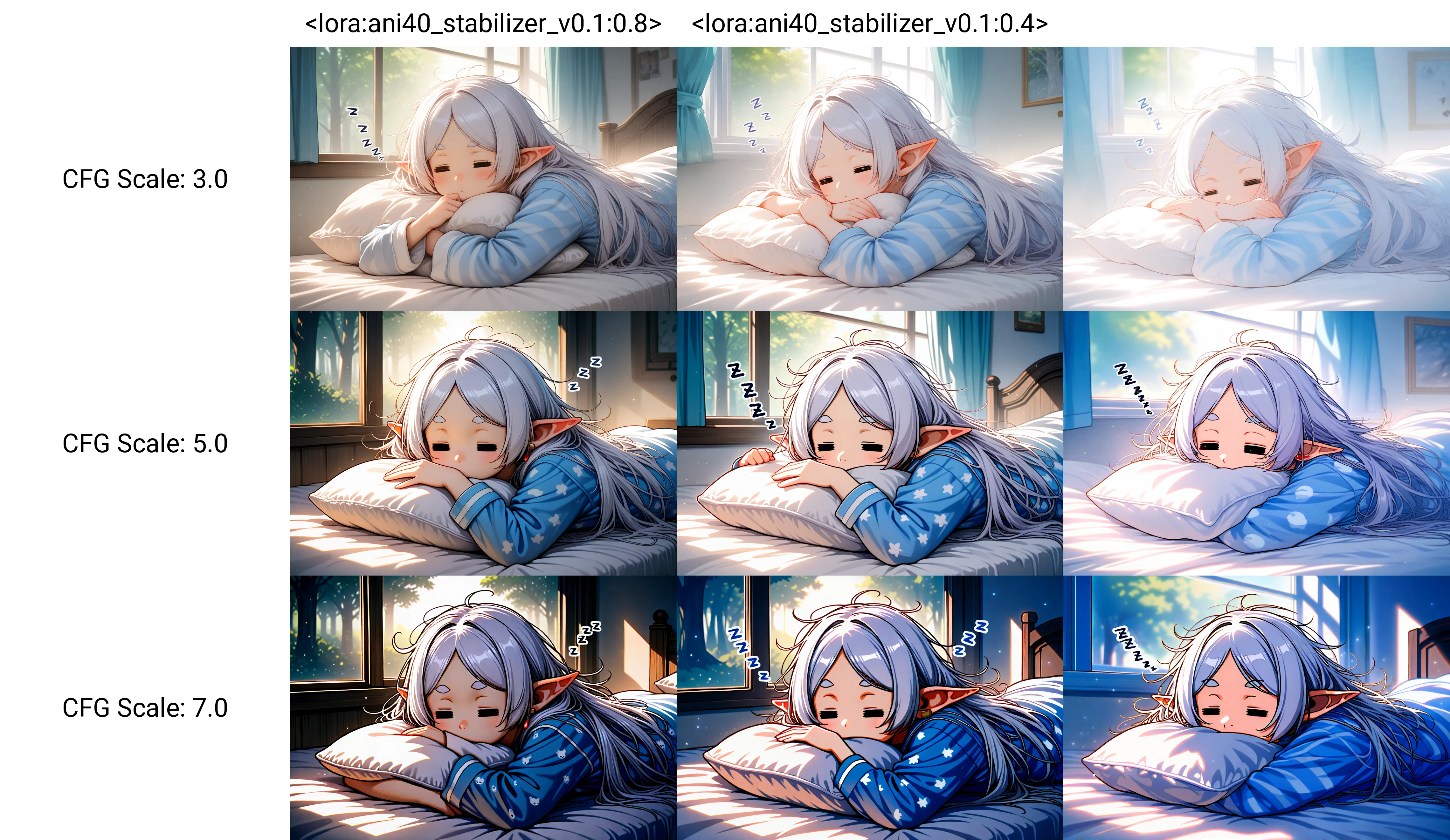 <lora:ani40_stabilizer_v0.1:0.8>1girl,frieren,white hair,messy hair,pointy ears,sleepy,pajamas,=_=,on bed,pillow,sunlight,window,tree,light particles,zzz,on stomach,masterpiece,best quality,