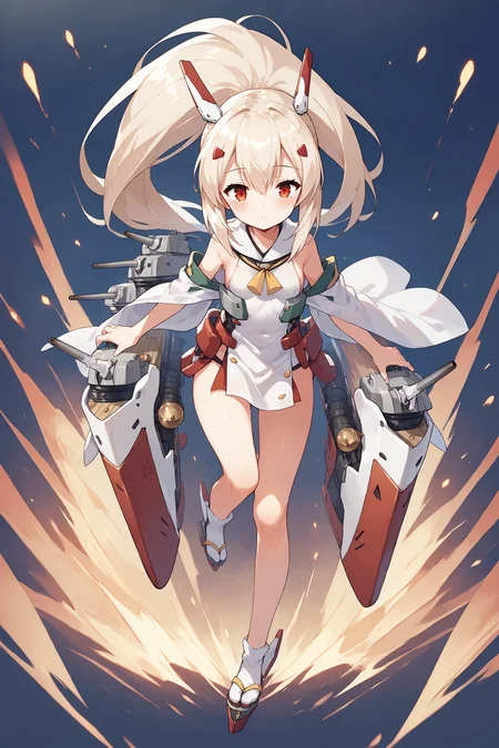 score_9, score_8_up, score_7_up, BREAK source_anime, best quality, masterpiece, <lora:Ayanami-ayanami_azur_lane-pony_final:0.8>, ayanami_azur_lane, 1girl, small breasts,long hair,blonde hair, ponytail,red eyes,game cg, cheerful, <lora:Azur_Lane_Shipgirls__PonyXL:1>, mediumrigging, torpe, SakuraEmpire, rigging, turret, torpedo tubes, torpedo launcher