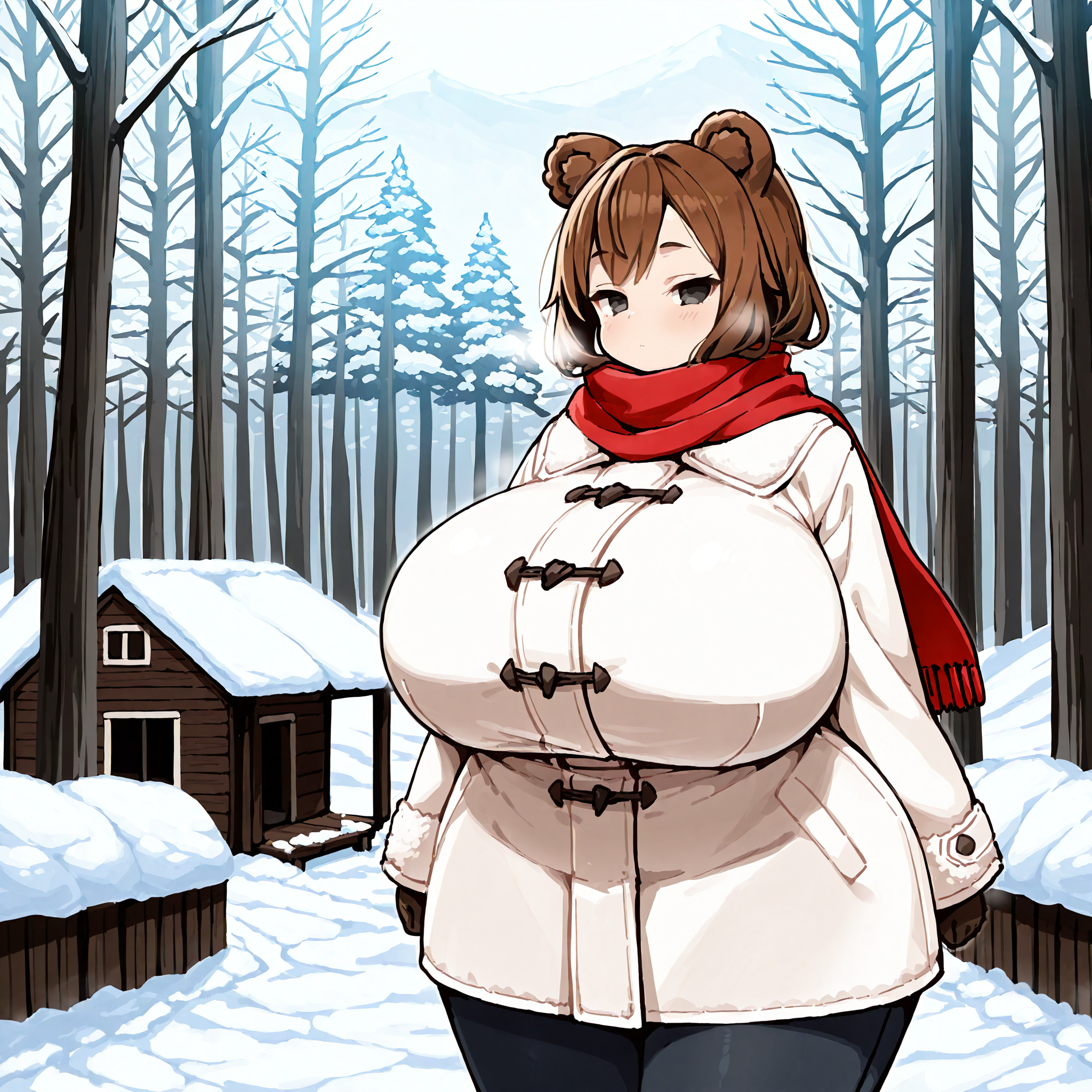 (masterpiece), best quality, (highly detailed), 1female, solo, <lora:Ichika_style_Illustrious:0.8>, bear ears, brown hair, black eyes, gigantic breasts, wide hips, white winter coat, pants, fitting clothes, forest, snow, cabin, red scarf, looking at viewer, blank expression,