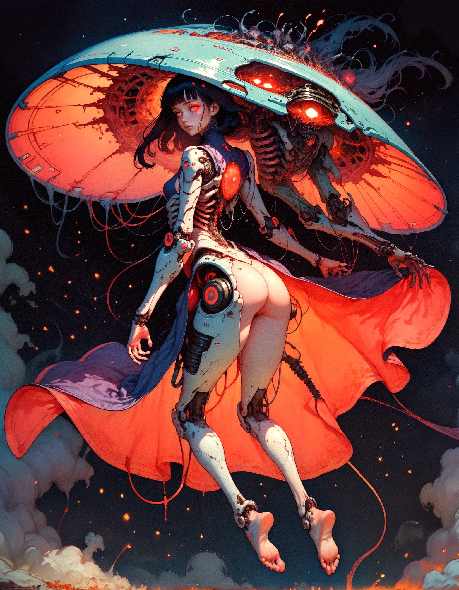 score_9, score_8_up, score_7_up,  embedding:zPDXL, 1girl, full body, ass, solo, breasts, very long hair, bangs, wizard, wizard robe, magical, galactic, black hair, red eyes, closed mouth, weapon, small breasts, blunt bangs, medium hair, looking at viewer, floating hair, expressionless, glowing eyes, science fiction, android, cable, mechanical arms, cyborg, robot joints, mechanical parts, tube, spine, black background  <lora:pony/twilight_style:0.8> <lora:pony/expressiveh:0.8> expressiveh, <lora:pony/BioPunky:0.8>