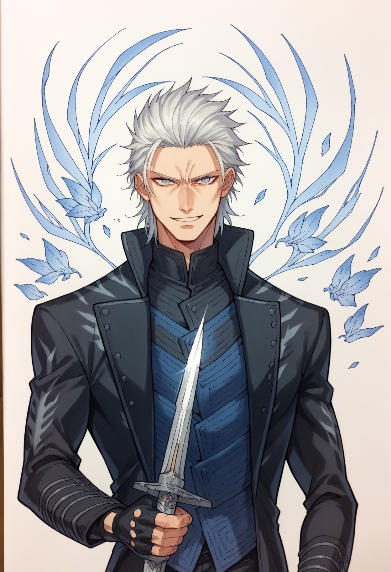 score_9, score_8_up,score_7_up, source_ anime, traditional art, <lora:dmc5_vergil_ponyXL:0.8> dmc5vergil, black coat, fingerless gloves, pants, smile, holding sword, 
<lora:Traditional_art_v4_USENEG:-0.8>