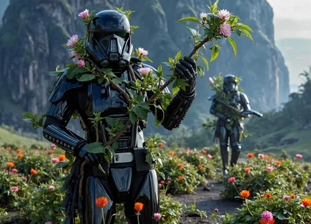 {"T5": ",A highly detailed, hyperrealistic photograph of an Imperial Death Trooper from Star Wars manipulating plant life to restrain a cosmic entity. The Death Trooper, dressed in sleek black and white armor, is surrounded by vines and flowers blooming from their costume, with a determined expression on their face. The background features a lush, alien landscape pulsating with bioluminescent life. The scene is illuminated by soft, dynamic lighting, highlighting the intricate textures of the armor, plants, and environment. The composition follows the rule of thirds, emphasizing the cosmic entity in the distance.,", "CLIP-L": ",Imperial Death Trooper, Star Wars, manipulating plant life, cosmic entity, vines, flowers, blooming costume, lush alien landscape, bioluminescent life, highly detailed, photographic, hyperrealistic, extreme textures, unique composition, rule of thirds, dynamic lighting, vibrant colors,"}
<lora:Imperial_Death_Trooper_Star_Wars:1.0>