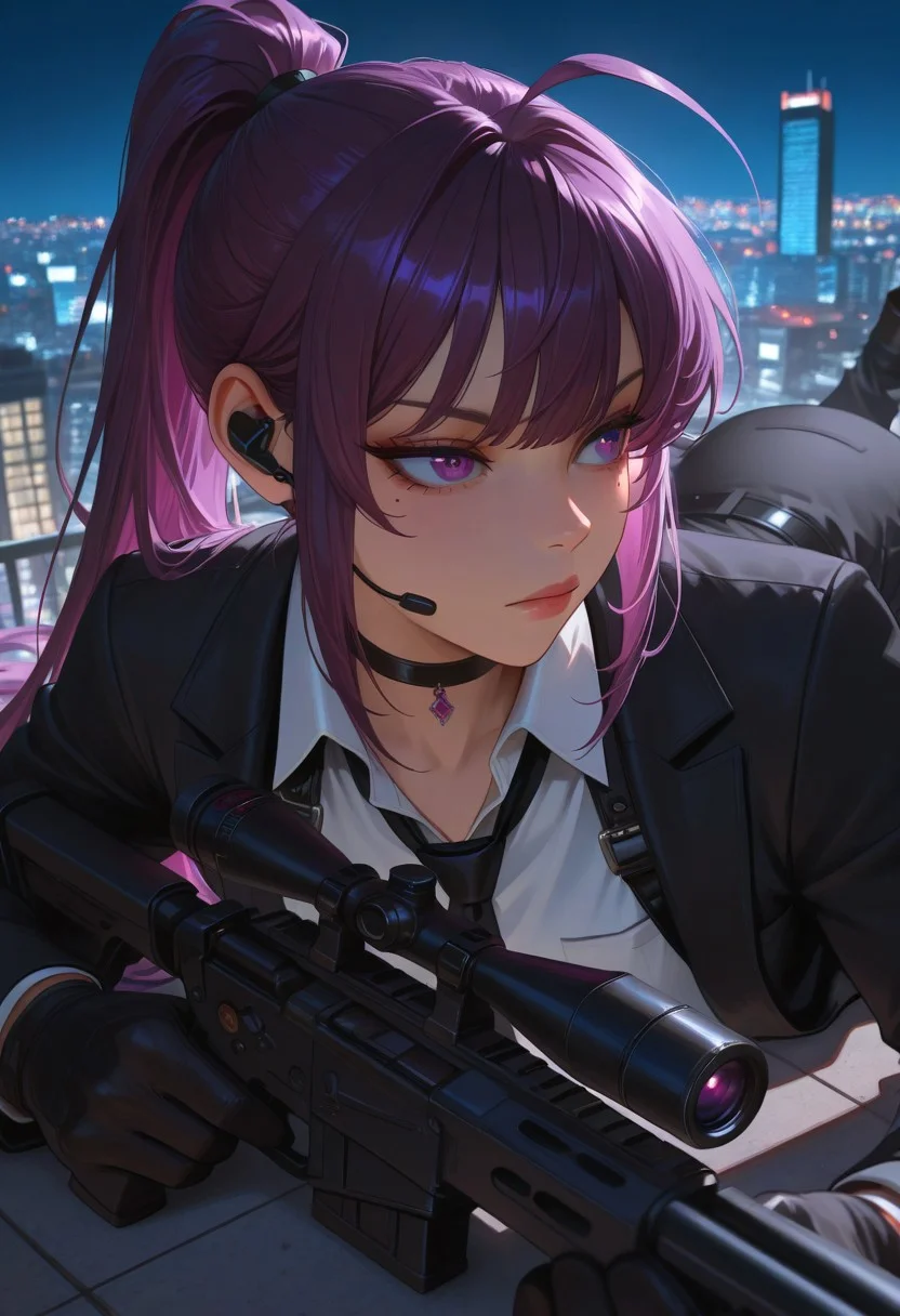solo, purple eyes, mole under eye, purple hair, very long hair, ponytail, ahoge, earpiece, jewelry, black choker, necktie, white shirt, suit, black jacket, black pants, black belt, harness, black gloves, lying, on stomach, on ground, prone, chest on floor, holding gun, sniper rifle, close up, concentrating face, aiming down sight, outdoors, night, rooftop, city, skyscrapers, masterpiece, best quality, amazing quality, highly detailed skin, absurdres, newest, dramatic lighting, detailed facial features, 8k resolution, intricate details