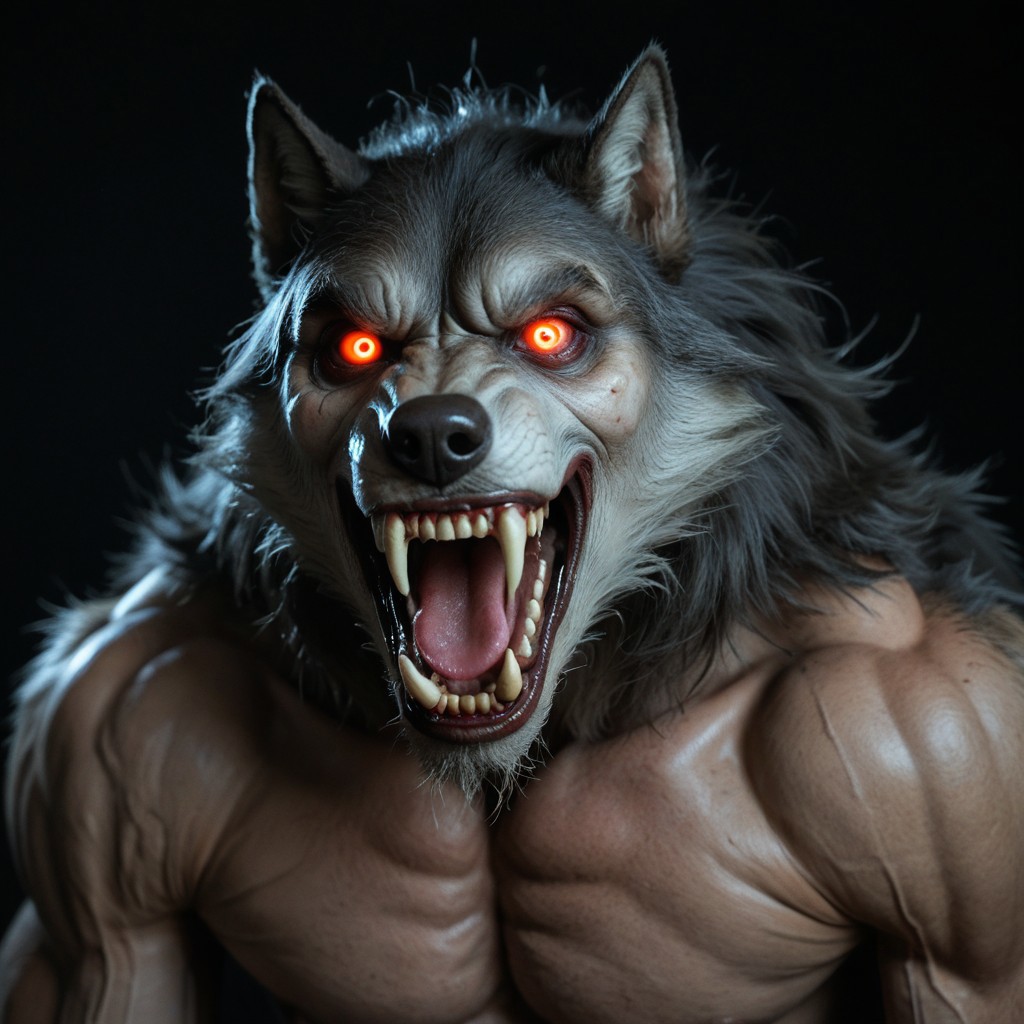 horror movie, still ,werewolf ,photo ,score_9_up ,score_8_up, score_7_up, action scene ,movie still ,no humans ,open mouth teeth, wolf looking at viewer realistic glowing solo glowing eyes black background horror (theme) animal focus animal sharp teeth white eyes fangs realistic nsfw muscular male muscular penis large pectorals male focus abs nipples pectorals bara best quality masterpiece 4k uncensored prefect lighting rating_explicit horror very aesthetic