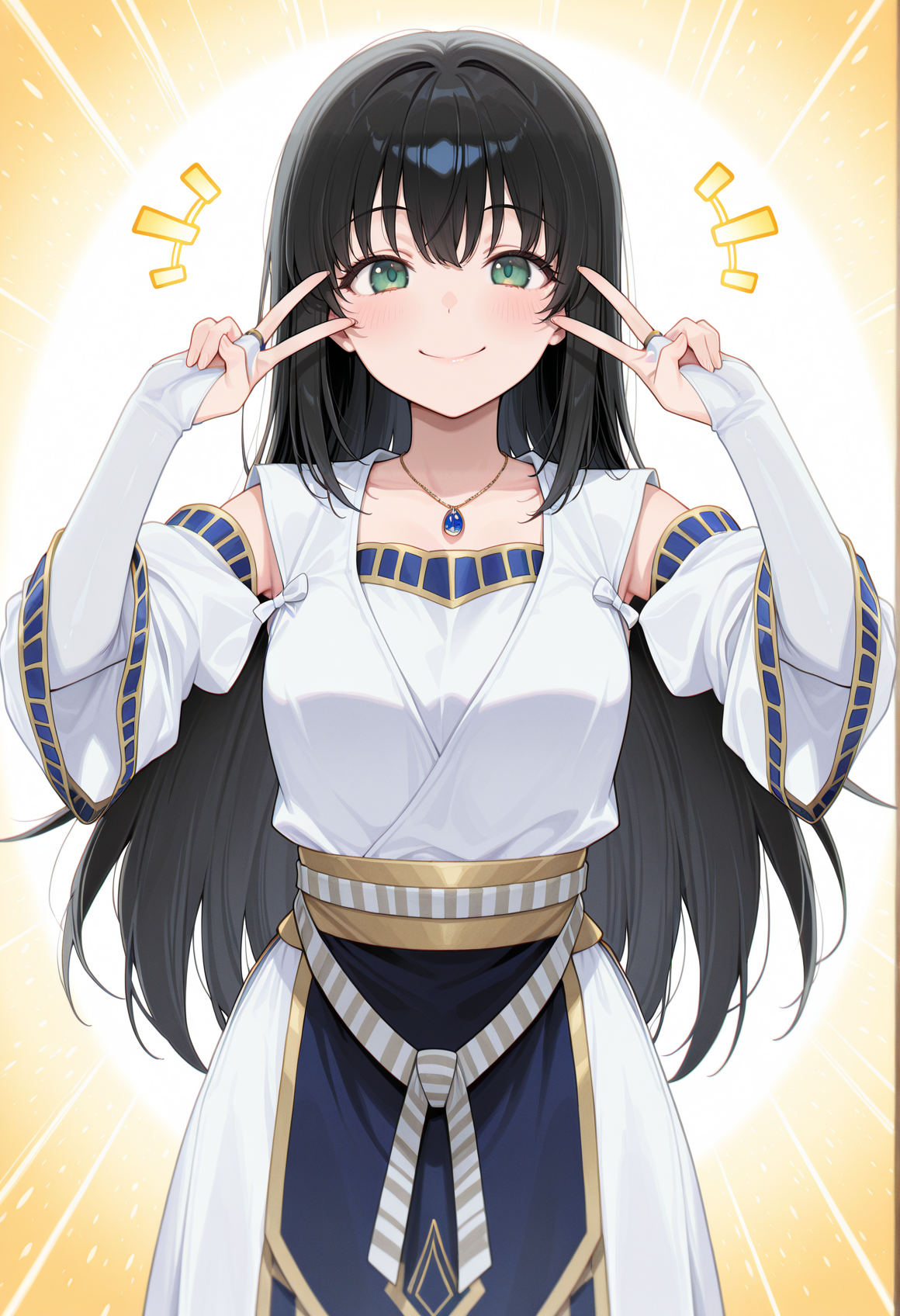 emotional engine - full drive, double v, clossed eyes, smile, 1girl, solo, black hair, long hair, pendant, green eyes, white dress, long sleeves, wide sleeves, detached sleeves, bare shoulders, bridal gauntlets, <lora:viki_illus:1>, masterpiece, best quality, amazing quality, very aesthetic, absurdres, highres, newest