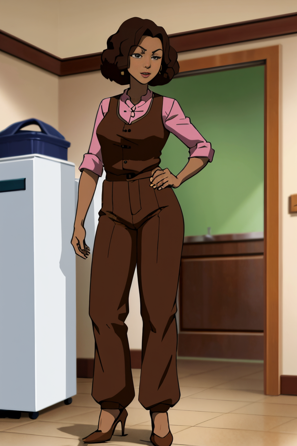 Han Chinese 40 years old woman Brown Curly Bob, in the Laundry room, Standing with one hand on hip and other arm extended out, Jumpsuit with heels, EdobBoondocksArtStyle  <lora:EdobBoondocksArtStyle_v2.0:0.8>