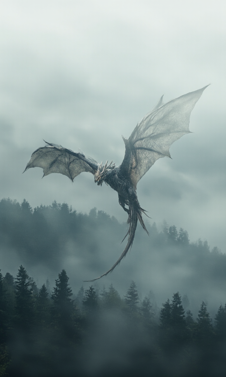 highly detailed digital artwork depicting a majestic dragon in mid-flight against a misty, foggy backdrop. The dragon is the central focus, positioned slightly off-center to the left. Its scales are textured with intricate, almost metallic patterns, giving it a sleek and armored appearance. The dragon's wings are expansive, with a membrane that is taut and slightly translucent, revealing a network of veins underneath. The wings are spread wide, allowing for a sense of dynamic movement and power. The dragon's body is lean and muscular, with a long, sinuous tail that trails behind it. Its head is adorned with sharp, curved horns that taper towards the top, adding to its fierce and regal demeanor. The dragon's eyes are piercing, with a slight glow that hints at intelligence and awareness. The background consists of a dense forest of tall, dark green coniferous trees, shrouded in a thick layer of mist and fog that creates a mysterious and ethereal atmosphere. The sky above is overcast, with a gradient of soft gray and white hues, adding to the somber and otherworldly ambiance of the scene. The overall style of the artwork is realistic fantasy, characterized by its attention to detail and the lifelike representation of the dragon and its environment, aidmaimageupgrader, aidmamj6.1,