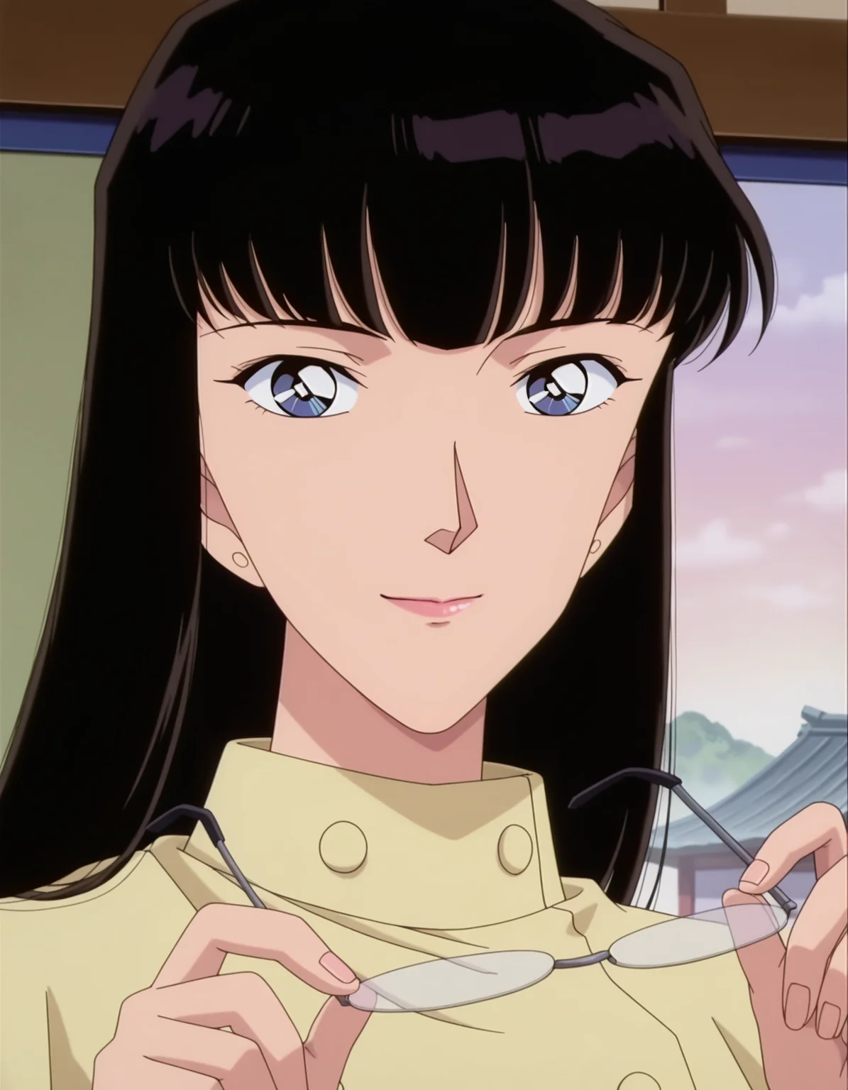 1girl,solo, anime screencap,1990s \(style\), retro artstyle,
<lora:oobayashi kaori_conan_v1_IL:0.7>,oobayashi kaori,(meitantei conan:0.4),long hair,black hair,blunt bangs,lips,double-breasted,light yellow coat,long sleeves,buttons,
smile,looking at viewer,portrait, holding removed eyewear,closed mouth, east asian architecture,