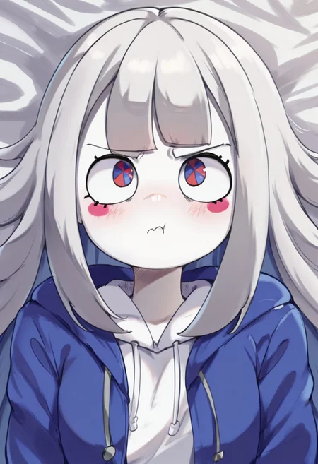 masterpiece, best quality, high resolution, absurdres, solo, 1girl, pomni_(the_amazing_digital_circus), two-tone_eyes, hot gray_hair, medium_hair, white_skin, blush_sticker, hot gray_lab_, coat, hot gray_eyes, school, grumpy, looking_at_viewer, lying, female_focus, upper body, portrait, chibi:1.9