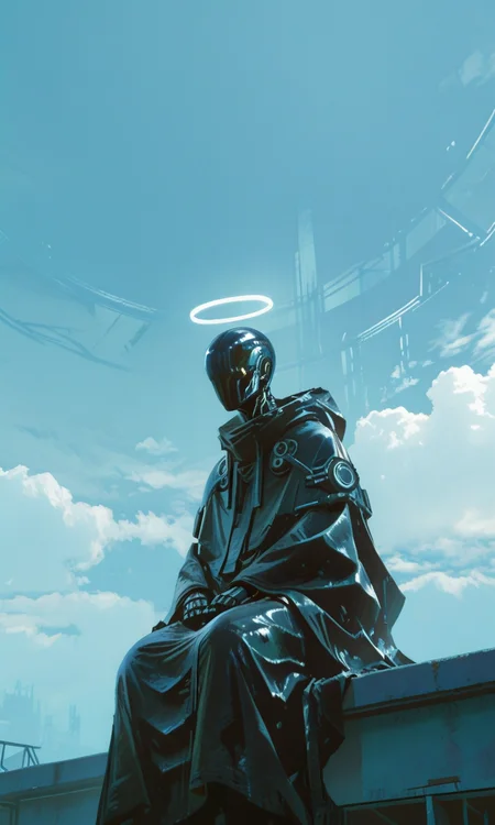 A low-angle photograph of a black faceless figure with a glowing halo draped in a shiny black cloak sitting on a roof set against a bright blue cloudy sky, sci-fi dystopian feel, from below <lora:- iLL - the_edgy_mech_V3.0:1>