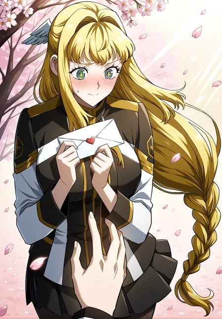<lora:Dolores_Quovadis__Revenge_of_the_Iron-Blooded_Sword_Hound__Illustrious:1>
Dolores_Quovadis, 1 girl, solo, long hair straight hair, blonde hair, thick braid, long braid, straight fringe, wing hair ornament, green eyes, cross pupils, <lora:DetailedEyes_V3:1>,
Dolores_Quovadis_uniform, academy uniform, black and white uniform, gold trim, high collar, long sleeves, black skirt, black tights, shoulder emblem,
score_9, score_8_up, score_7_up, very aesthetic, source_anime, detailed, high quality, beautiful, masterpiece, detailed eyes, confessing her love, nervously, emotional atmosphere, holding a love letter with both hands, standing, close-up, cherry blossoms falling, soft lighting, warm color palette, confession scene, cherry background