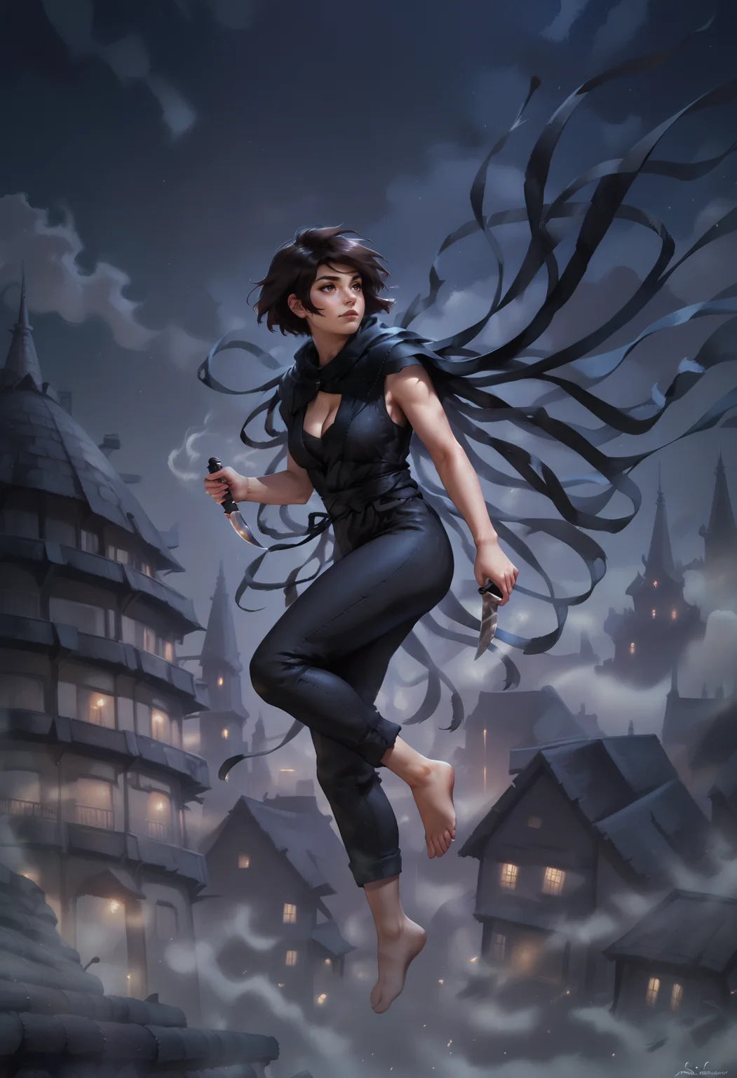 (score_9_up, score_8_up:1.2), score_7_up, vin, 1girl, black bob haircut, brown eyes, tasselled cloak, knife, barefoot, cleavage, city, night, mist, volumetric lighting, <lora:Vin_-_Mistborn:0.8>