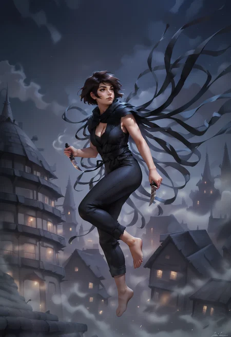 (score_9_up, score_8_up:1.2), score_7_up, vin, 1girl, black bob haircut, brown eyes, tasselled cloak, knife, barefoot, cleavage, city, night, mist, volumetric lighting, <lora:Vin_-_Mistborn:0.8>