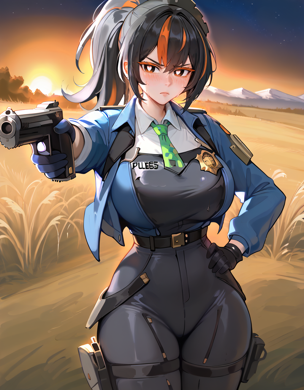 score_9, score_8_up, score_7_up, HD32K, masterpiece, high quality, Expressiveh, orange yes, (orange eyelashes), (white pupils), black hair, two tone hair, streaked hair, bangs, ponytail, cute face, shiny skin, sweat body, huge breasts, wide hips, thick thighs, (cinematic light), shadows, perfect hands,
zhu yuan, cropped jacket, gloves, blue jacket, green necktie, collared shirt, pants, bodysuit, uniform, police, police uniform, long sleeves, black vest, white shirt, collared shirt, green necktie, black gloves, black pants, belt,
embarrassed, light blush, focused, frown, 
grass, mountains background, plain, night, moonlight, night sky, sunset,
standing, hand on own hip, aiming, holding weapon, holding gun, handgun, solo, 
<lora:CH-zhuyuanPDXL_scarxzys:0.85>, <lora:rinhee:0.7>, <lora:kittew-artist-richy-v1_pdxl:0.75>, <lora:AIã¤ã©ã¹ããããã:0.35>,  <lora:YusufDikecGunPose_pdxl_Incrs_v1:0.7>