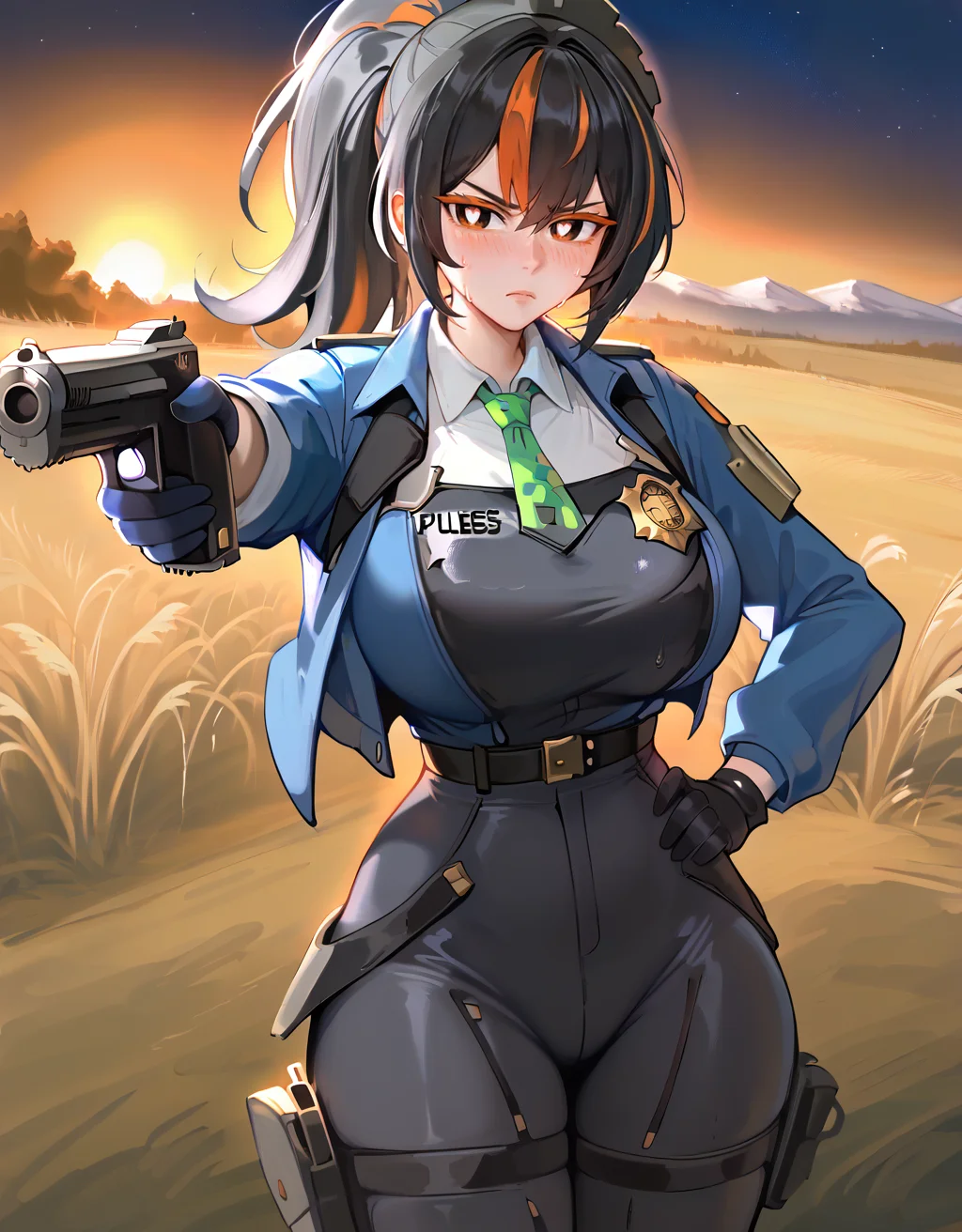 score_9, score_8_up, score_7_up, HD32K, masterpiece, high quality, Expressiveh, orange yes, (orange eyelashes), (white pupils), black hair, two tone hair, streaked hair, bangs, ponytail, cute face, shiny skin, sweat body, huge breasts, wide hips, thick thighs, (cinematic light), shadows, perfect hands,
zhu yuan, cropped jacket, gloves, blue jacket, green necktie, collared shirt, pants, bodysuit, uniform, police, police uniform, long sleeves, black vest, white shirt, collared shirt, green necktie, black gloves, black pants, belt,
embarrassed, light blush, focused, frown,
grass, mountains background, plain, night, moonlight, night sky, sunset,
standing, hand on own hip, aiming, holding weapon, holding gun, handgun, solo,
<lora:CH-zhuyuanPDXL_scarxzys:0.85>, <lora:rinhee:0.7>, <lora:kittew-artist-richy-v1_pdxl:0.75>, <lora:AIã¤ã©ã¹ããããã:0.35>, <lora:YusufDikecGunPose_pdxl_Incrs_v1:0.7>
