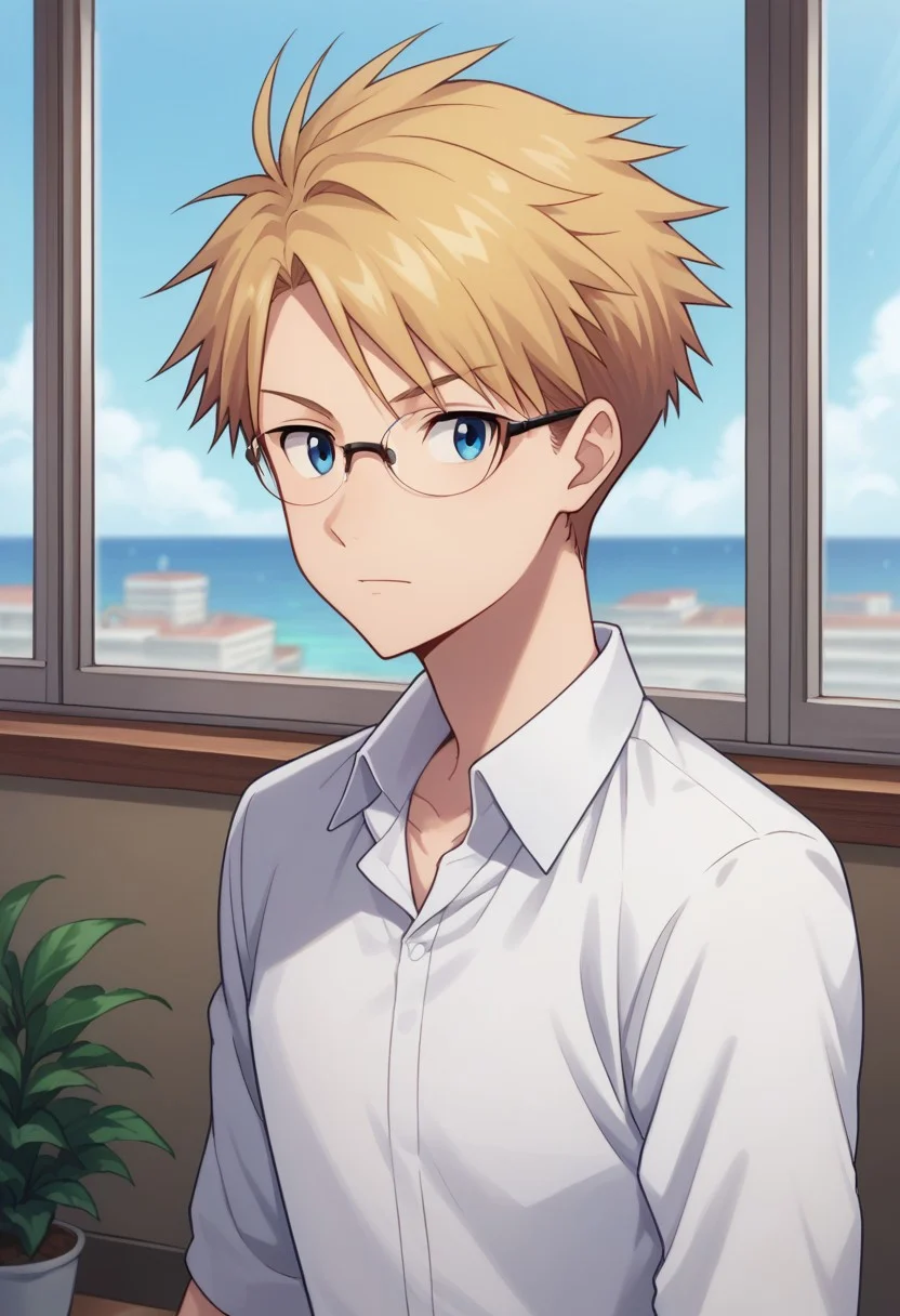 score_9, score_8_up, score_7_up, source_anime, highly detailed,
yamakizu, 1boy, male focus, solo, blonde hair, upper body, short hair, blue eyes, shirt, white shirt, collared shirt, glasses,
indoor, window,