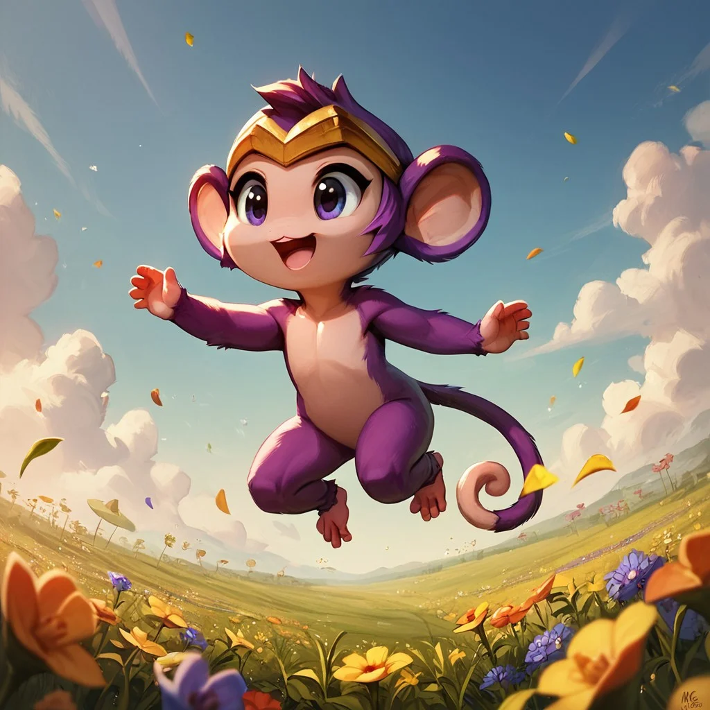 score_9, score_8, score_7, score_7_up, 1girl, monkeyshan, furry, monkey, tail, purple_fur, circlet, multicolored_fur, smile, field, jumping, open mouth, flat_chest, cute, short, detailed background, flowers, mid-air,