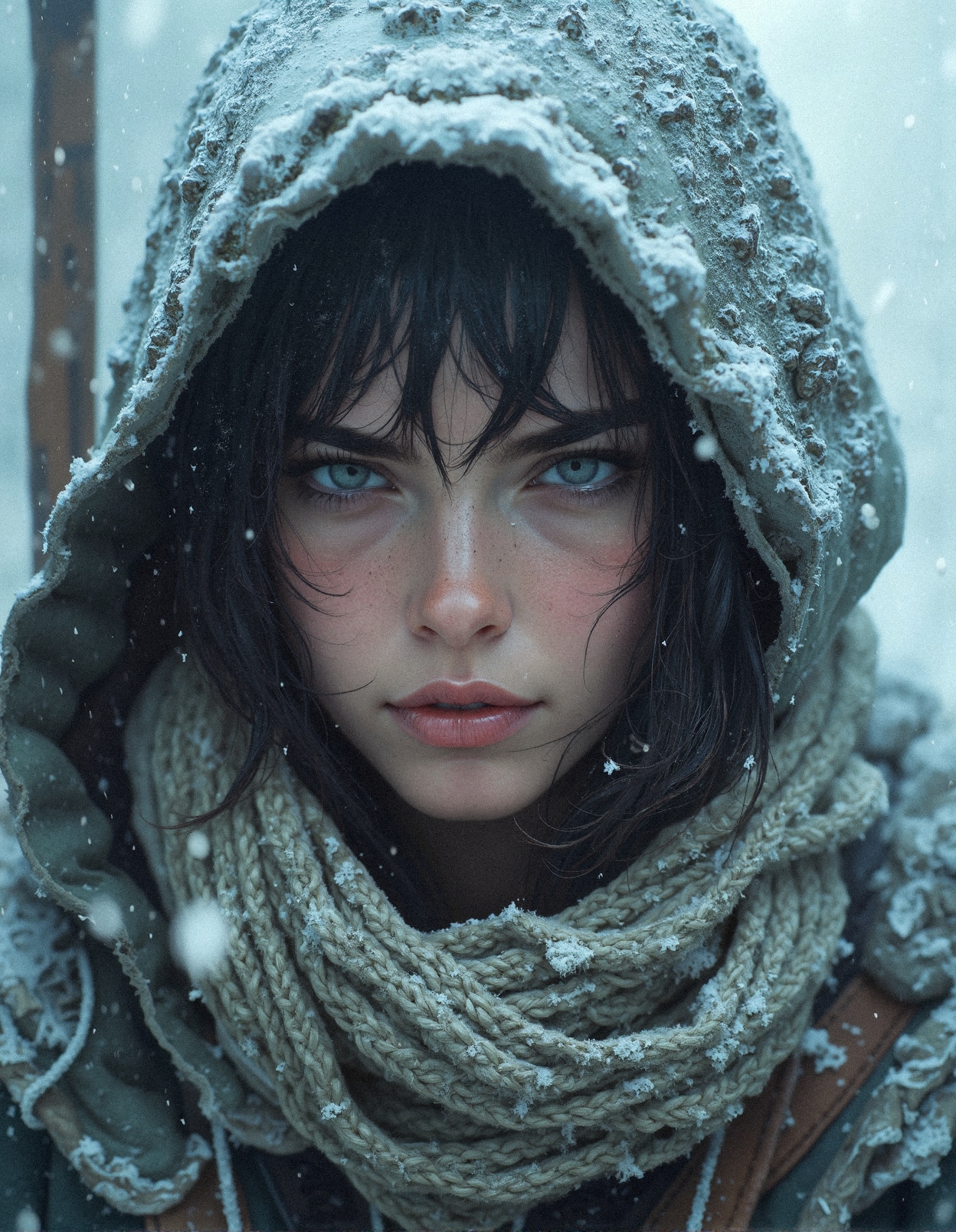 A hyper-realistic close-up portrait of a fierce survivor wrapped in a frost-laden hood, her piercing icy-blue eyes burning with determination against the relentless snowstorm. Her face is partially concealed beneath a thick, rugged scarf, its coarse fabric weighed down by frozen condensation and glistening ice crystals. Strands of damp, raven-black hair cling to her forehead, frozen droplets catching the soft, diffused winter light. The heavy hood drapes over her head, encrusted with layers of snow and frost, the texture of the fabric subtly worn and battle-worn, suggesting years of enduring the harsh elements. Her sharp, angular brows frame her gaze, an expression of hardened resilience against the freezing cold. The dynamic snowfall blurs into the background, creating an ethereal depth, each delicate snowflake illuminated as it catches the light. The scene is an exquisite blend of cinematic intensity and breathtaking realism, capturing every micro-detail from the crystallized breath forming around her lips to the tiny fractures of ice tracing her battle-worn cloak. The atmosphere is thick with frigid air, an immersive winter survival aesthetic where beauty and brutality coexist in perfect harmony.
 <lora:FluxDFaeTasticDetails:0.3> <lora:MoriiMee_Gothic_Niji_Style_FLUX:0.4> <lora:realism_lora_comfy_flux_converted:0.65>