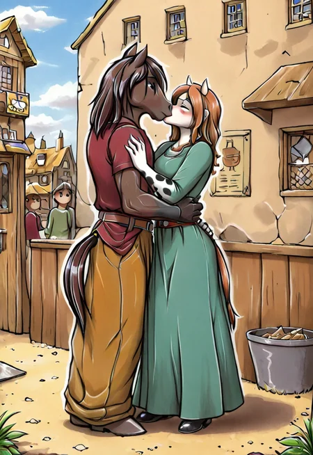 source_furry, horse, cow, duo, eye contact, town, male/female, interspecies, kissing, fully clothed, long dress, tunic, pants, belt
