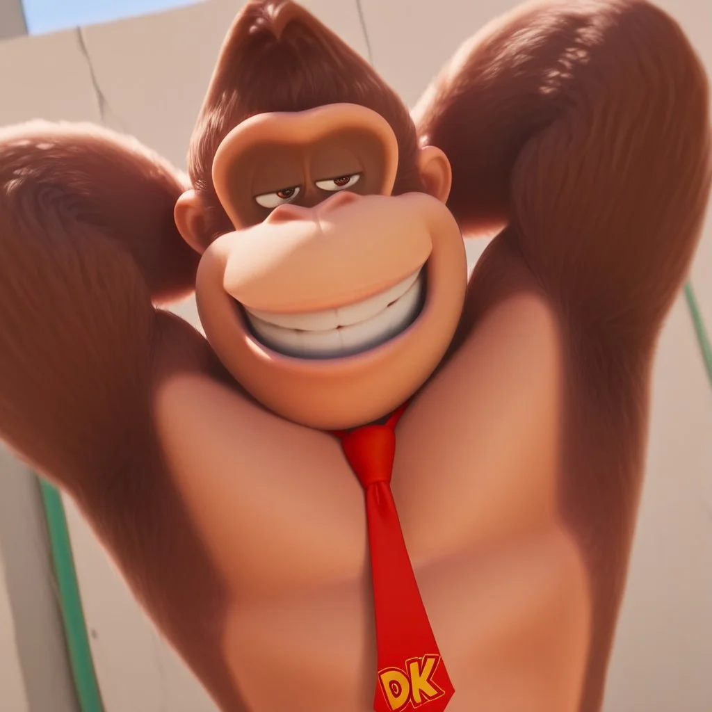 D0nkey_kong, Gorilla, Brown fur, Red necktie, (bust shot, pecs, grin, ( ((grin)) , teeth), confident, Brown eyes, realistic, tongue, detailed mouth, wide open eyes, detailed skin, arms behind head, armpit, good angle, solo, half closed eyes