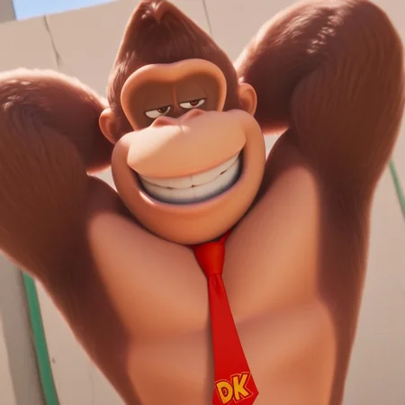 D0nkey_kong, Gorilla, Brown fur, Red necktie, (bust shot, pecs, grin, ( ((grin)) , teeth), confident, Brown eyes, realistic, tongue, detailed mouth, wide open eyes, detailed skin, arms behind head, armpit, good angle, solo, half closed eyes