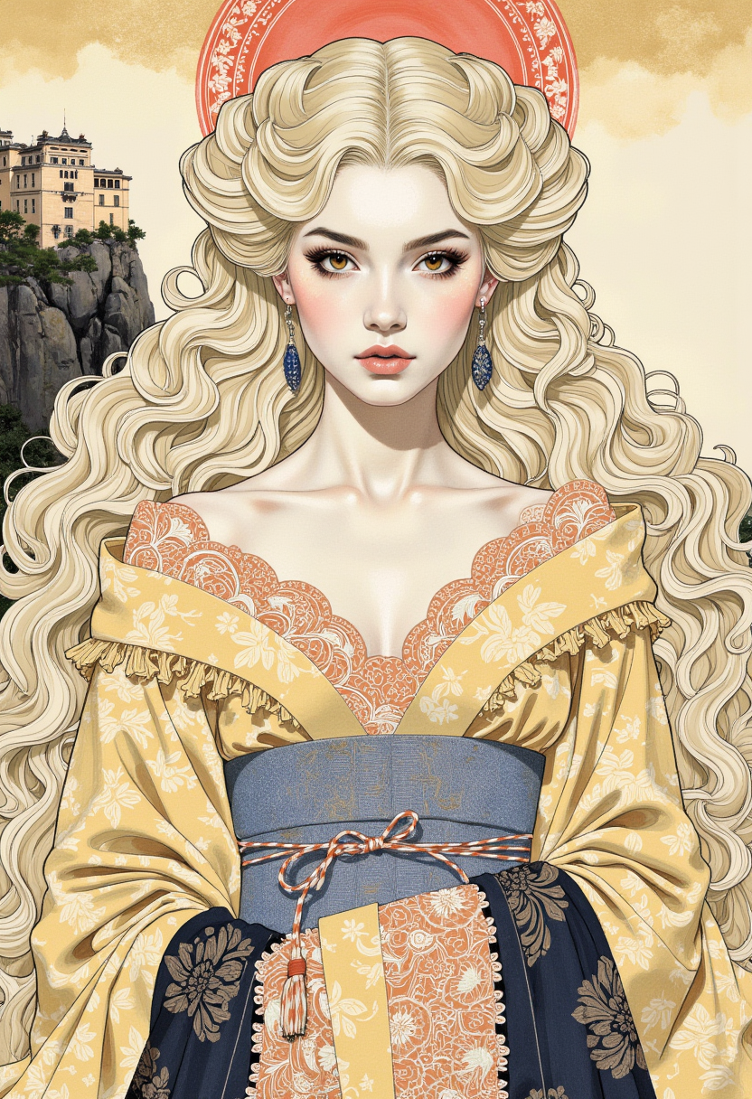 detailed Vector Art of a traditional Japanese style, specifically a mix of ukiyo-e and modern digital art of imaginative, Beautiful palla with intricate lacework and delicate fringed edges, Maven, Tall, Wide Hips, Heart-Shaped Face, Fair Skin, Platinum Blonde Hair, dark brown Eyes, Long Nose, Thin Lips, Prominent Chin, Long Hair, Curly Hair, Long Wavy Hair, full breasts, Drop earrings, beige matte lipstick, Ancient ruins perched on the edge of a breathtaking cliff.