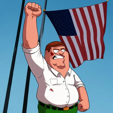 Score_9_up, score_8_up, score_7_up, BREAK 1man, peter, fat, collared shirt, white shirt, green pants, brown hair, assassinationattempt, American flag / flag, solo, pole, blue sky, arm up, clenched hand, blood on face